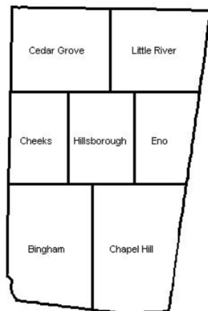 Fig. 1.  Townships of Orange County, NC.  Map not drawn to scale.