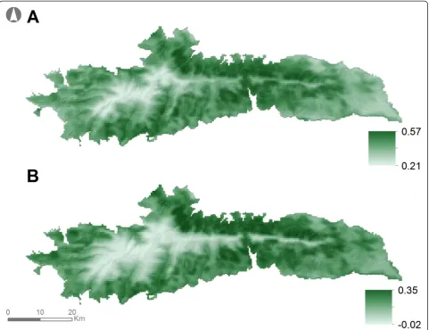 Fig. 2 Spatial variability of NDVI during the (a) green (March – October) and (b) dormant (November – February) periods in SNNS