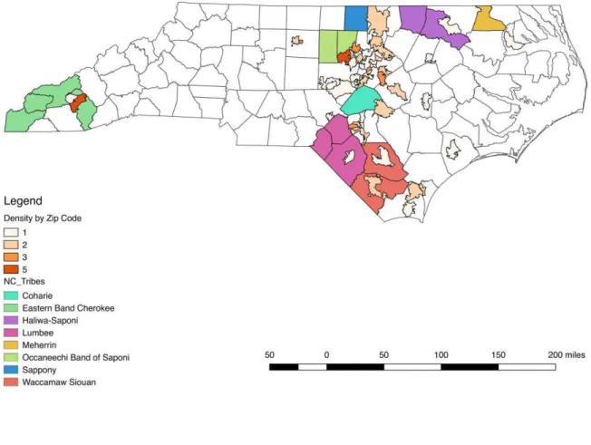 FIGURE 2: Density of IBCLCs, CLC/CLEs, and Breastfeeding Support Groups in Zipmilk by Tribe and  Affiliated County in NC 