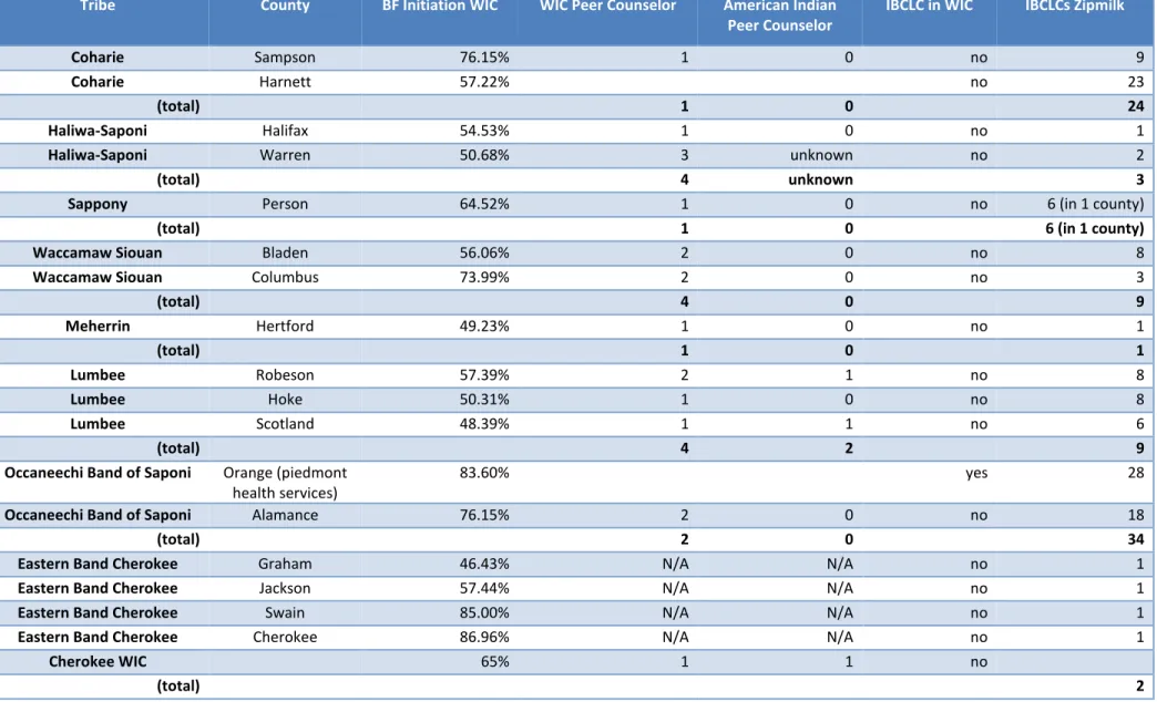 TABLE 2: Breastfeeding Initiation Rates, Resources, and Breastfeeding Friendly Organizations by Tribe and County 