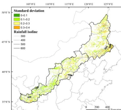 Figure 6. Standard deviation of spring maize drought hazard inten-sity index from 1966 to 2011.
