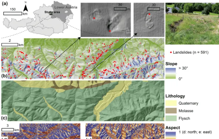 Figure 1. Location of the study area within Austriadistribution of landslide scarpsmapping location