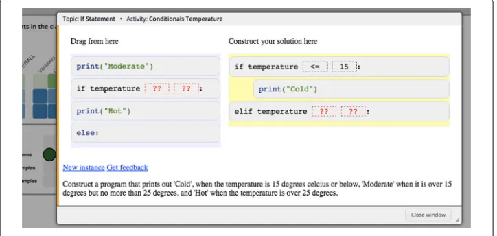 Fig. 4 An instance of a Js-parson exercise in the Python Grids system. The student assembles the solution tothe question (written at the bottom) in the right side