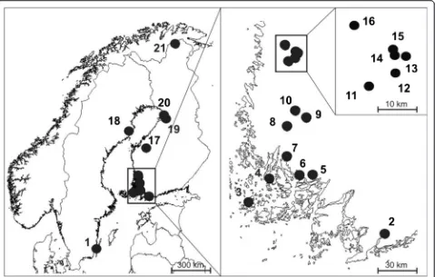 Fig. 1 Maps of Fennoscandia showing 21 locations where the 236 Ficedula hypoleuca nests were collected for this study