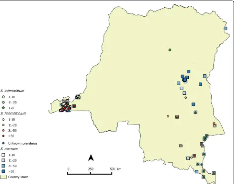 Fig. 2 Distribution map of schistosomiasis in DRC in 1954. Of the total number of 66 survey locations reported, 46 could be mapped; for theother locations geographical coordinates were lacking