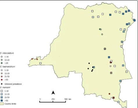 Fig. 3 Distribution map of schistosomiasis in DRC based on reports from 1955–2015. Of the total number of 389 survey locations reported, 234could be mapped; for the other locations geographical coordinates were lacking