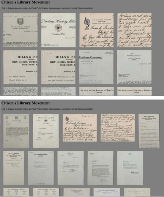 Figure 3. Screenshots of two versions of the experimental interface for the Citizen's Library Movement  document set, showing the difference between salient (top) and full (bottom) thumbnails on a screen that is the  same size