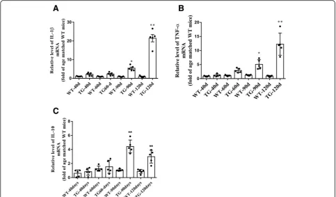 Fig. 8 The changes of M1/M2 microglia related cytokines mRNA levels at different time points.microglia (IL-1WT mice, ** a, b mRNA levels of two cytokines related to M1β and TNF-α)