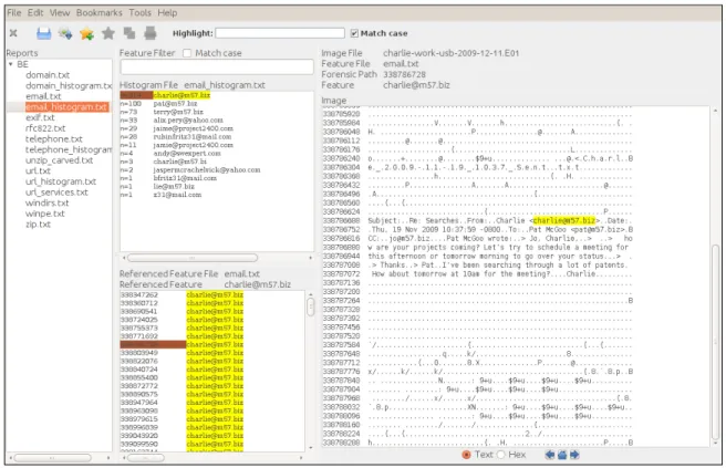 Figure 3: BEViewer. Partial view of an email histogram containing 214 instances of charlie@m57.biz and the  context of the selected instance