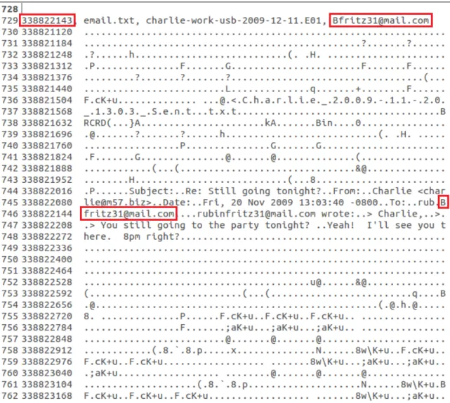 Figure 4: Partial view of a bulk_extractor bookmark file. Note the boxes drawn around the feature and  corresponding offset