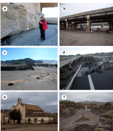Fig. 6c), and the water velocity may have reached 1 m s−,as suggested by the resulting scours and bars compared withsimilar features studied in other ﬂood events (Ortega et al.,