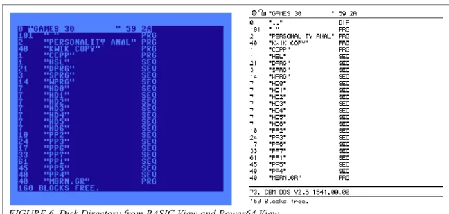 FIGURE 6. Disk Directory from BASIC View and Power64 View 
