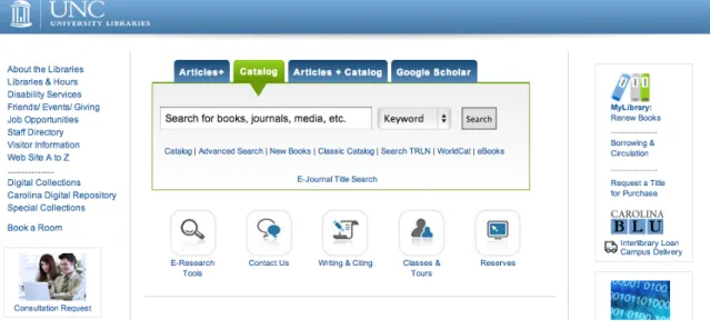 Figure 1: Screenshot of www.lib.unc.edu catalog search interface taken in March of  2013