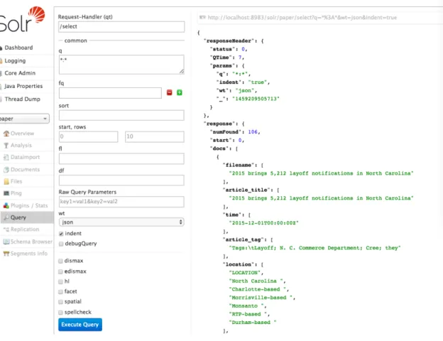 Figure 4 Apache Solr query Web UI 
