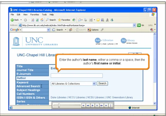 Figure 3: Screen 3 of the Author Search tutorial, with search directions.  