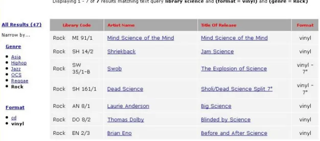 Figure 11: Search results page for query “library science” with “Rock” and “vinyl” facets selected.