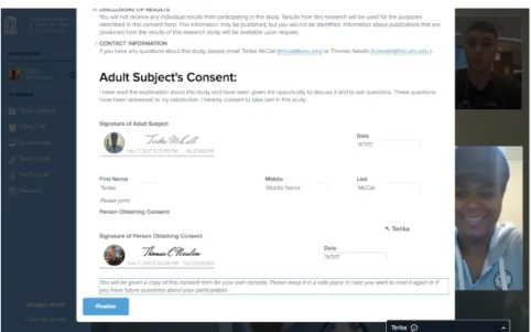Figure 2. A screenshot of a teleconsent session. The participant and person obtaining consent complete the consent form and electronically sign the document in real-time