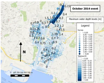 Figure 9. Perc10 scenario, inundation map and damage estimation. In blue scale the water level is reported