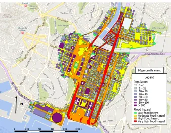Figure 14. Perc90 scenario, hazard level map compared with population potentially involved assigned to each building.