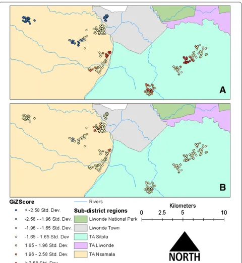 Figure 4 Comparison of residual clustering of Plasmodium infection of children in households near Liwonde, Malawi based on A)simple logistic regression and B) multilevel logistic regression models.