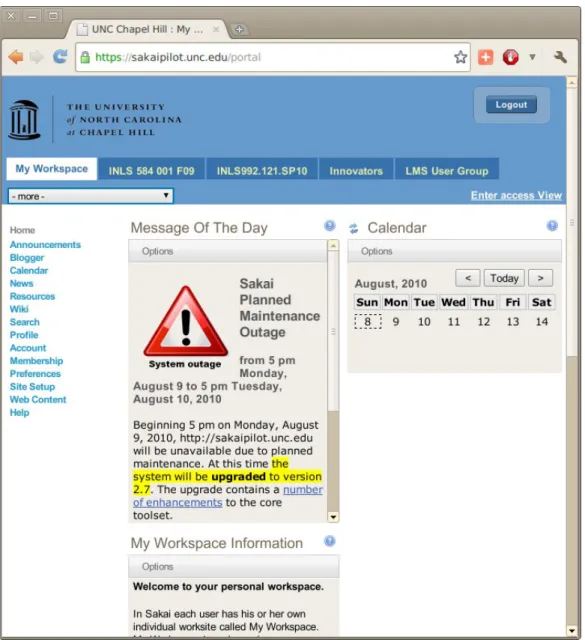 Illustration 1: View of UNC-CH Sakai instance just after login