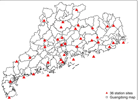 Fig. 1 Locations of 36 national meteorological monitoring sites in Guangdong. This map was downloaded from OpenStreetMap (Thelicence terms can be found on the following link:cartography in the OpenStreetMap map tiles is licensed under CC BY-SA (www.openstr