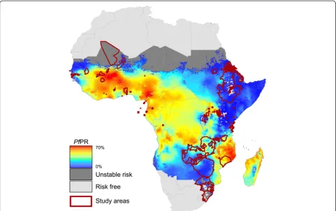 Figure 1 Geographical distribution of studies measuring changing malaria risk in Africa, shown overlaying a predicted surface ofendemicity (P