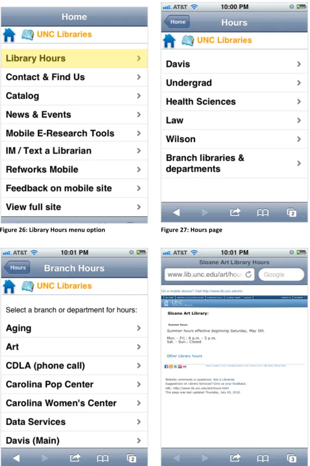 Figure	
  26:	
  Library	
  Hours	
  menu	
  option	
   	
   	
  	
  	
  	
  	
  	
  	
  	
  	
  	
  	
  	
  	
  	
  	
  	
  Figure	
  27:	
  Hours	
  page	
  