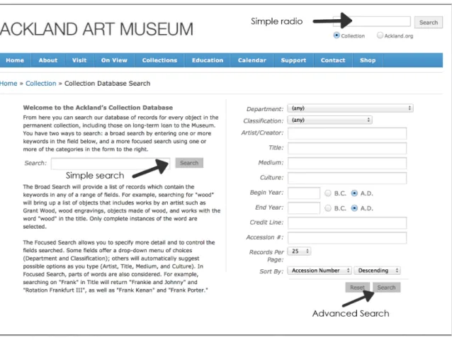 Fig ure 6 - Layout of the Ackland’s collection search system indicating the three types of  searches: simple radio, simple, and advanced