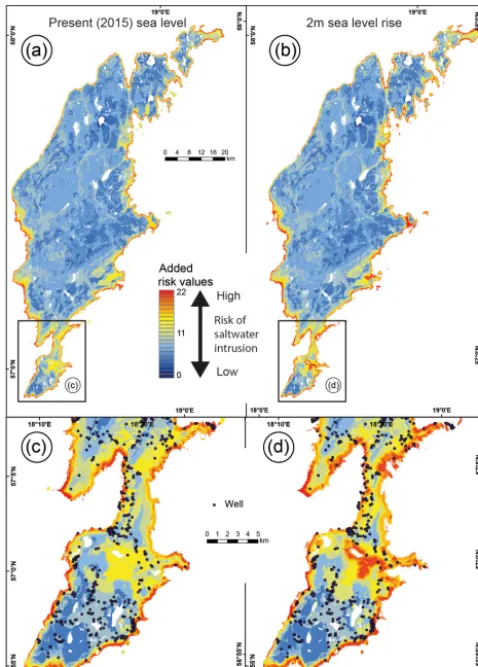 Figure 7. Risk value classes of wells on Gotland for today’s (2015)sea level and after 2 m sea level rise