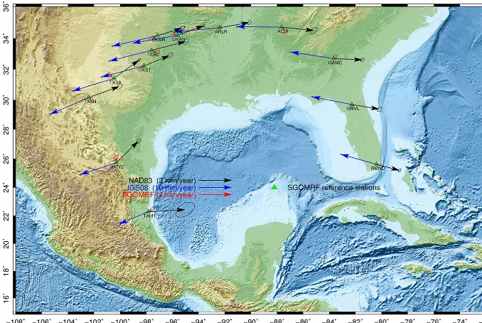 Figure 2. Map showing the locations and velocity vectors with 95 % conﬁdence ellipses of the 13 reference stations used to deﬁne SGOMRF.Black vectors are referred to NAD83; blue vectors are referred to IGS08; red vectors are referred to SGOMRF.