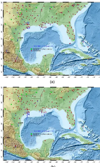 Figure 4. (a) Horizontal velocity with 95 % conﬁdent ellipses and (b) vertical velocity vectors of 148 CGPS stations (> 4 years) in the Gulfof Mexico region