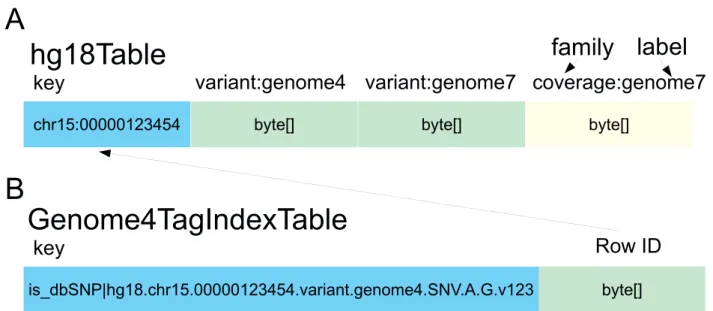 Figure 1 SeqWare Query Engine schema. The HBase database is a generic key-value, column oriented database that pairs well with the inherent sparse matrix nature of variant annotations