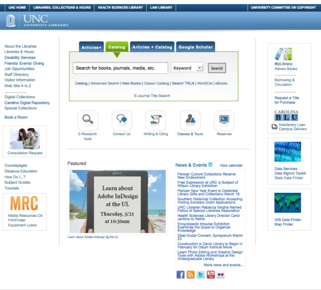 Figure	  6.	  Screenshot	  of	  the	  UNC	  Libraries’	  current	  homepage	  as	  of	  March	  2013.	  