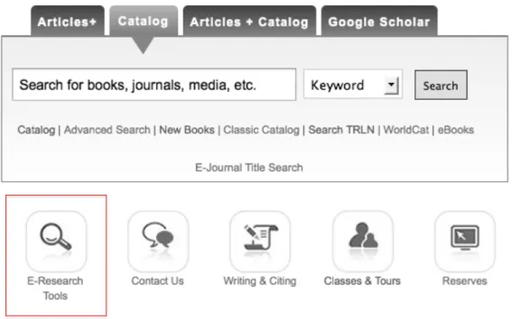 Figure	  9.	  Screenshot	  of	  the	  live	  version	  of	  UNC's	  search	  widget	  with	  the	  E-­‐Research	  Tools	  button	  highlighted.	  