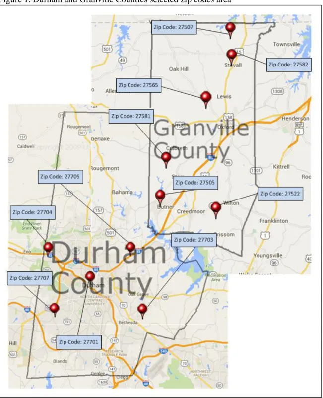 Figure 1. Durham and Granville Counties selected zip codes area