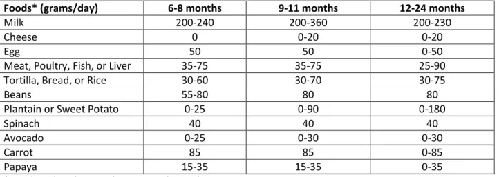 Table 2.  Quantities of foods (pureed, mashed, and semi-solid) that meet needed energy requirements 