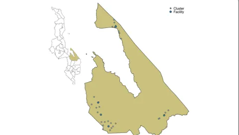 Fig. 2 Trial clusters in Mangochi district. Map of Mangochi district, Malawi with trial health facilities and group village head-defined clusters