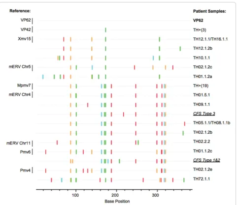 Figure 3 Gag sequences from patient samples. Individual 382 bp sequences, free of double peaks and confirmed through forward andreverse sequencing, are compared in a Highlighter plot to the control WPI-1282 cell line sequence, VP62