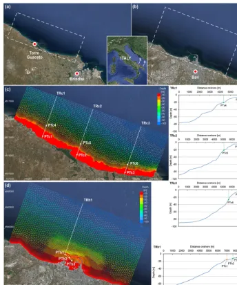 Figure 1. Satellite images of the wider areas, outlines of the computational domains, meshes, bathymetries, linear transects and points forresults’ analysis for the Brindisi–Torre Guaceto (a, c) and Bari (b, d) case studies (background images from Google Earth, 2016; privatelyprocessed).