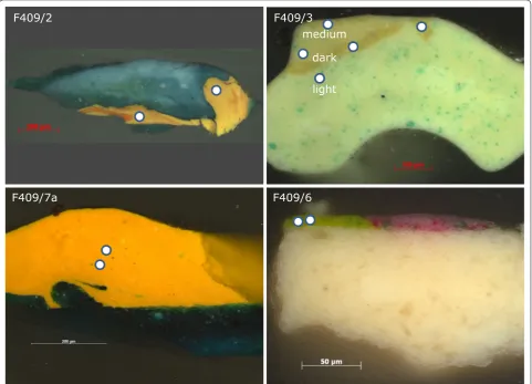 Fig. 2 Cross-sections of paint samples taken from Field with Irises near Arles. White dots indicate the approximate locations of the WDX-analyses