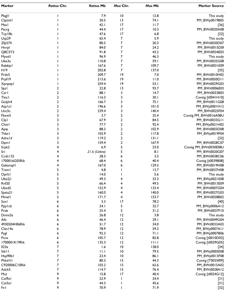 Table 1: Markers utilized in this study, their positions in the Rattus and Mus genomes, and their source.