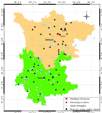 Figure 1. Seismological stations and small earthquakes in Sichuan and Yunnan regions.
