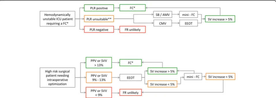 Fig. 5 Clinical algorithm for EEOT and mini-FC application in the ICU and the OR. In the OR, FHTs can be added to the dynamic indexes evaluation,considering the gray zone reported in the literature [21]