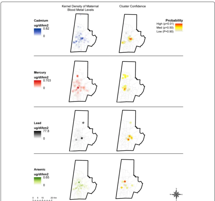 Fig. 1 Geospatial clustering of maternal blood metal concentrations. Measured maternal blood metal concentrations (as density, ng/g/km2 cluster analysis (Gi* p-value) for Cd, Hg, Pb, and As