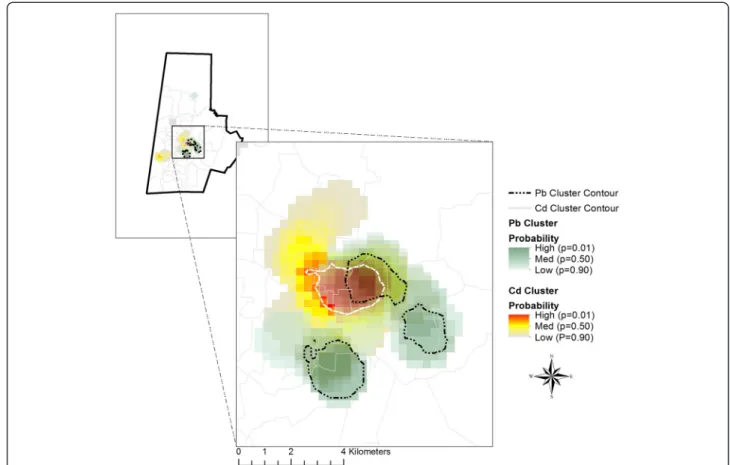 Fig. 2 Cluster overlay for Cd and Pb. The white contour line represents the area of the highest probably of Cd clustering, while the black contour lines represent the highest probability of Pb clustering