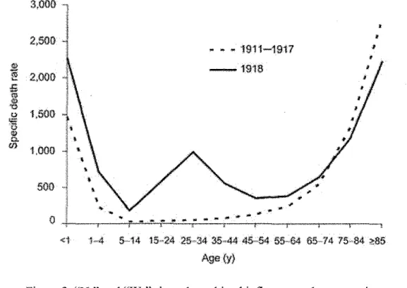 Figure 2.  &#34;U-&#34; and &#34;W -&#34; shaped combined influenza and pneumonia  mortality, by age at death, per 100,000 persons in each age  group, United States,  1911-1918