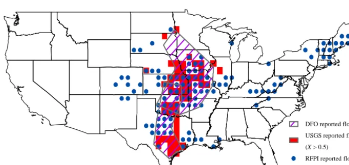 Figure 2. The distribution of the USGS stream gauging stations (green dots). The blue squares indicate those 1◦ × 1◦ grids containing lessthan ﬁve stations and excluded from the study.