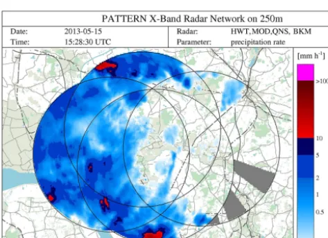 Figure 9. Attenuation correction for radar MOD for 15 May 2013, 15:28:30 UTC: (a) attenuation factor ﬁeld and (b) corrected dBZ ﬁeld.