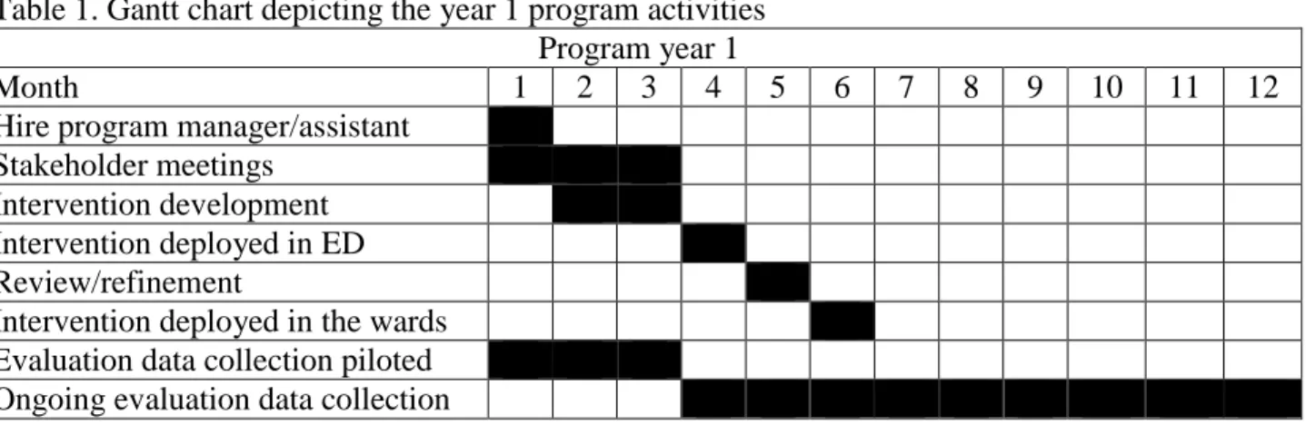 Table 1. Gantt chart depicting the year 1 program activities  Program year 1 